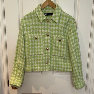 Zara sz S  Lime and White Checkered Blazer - Acid Green; gold buttons